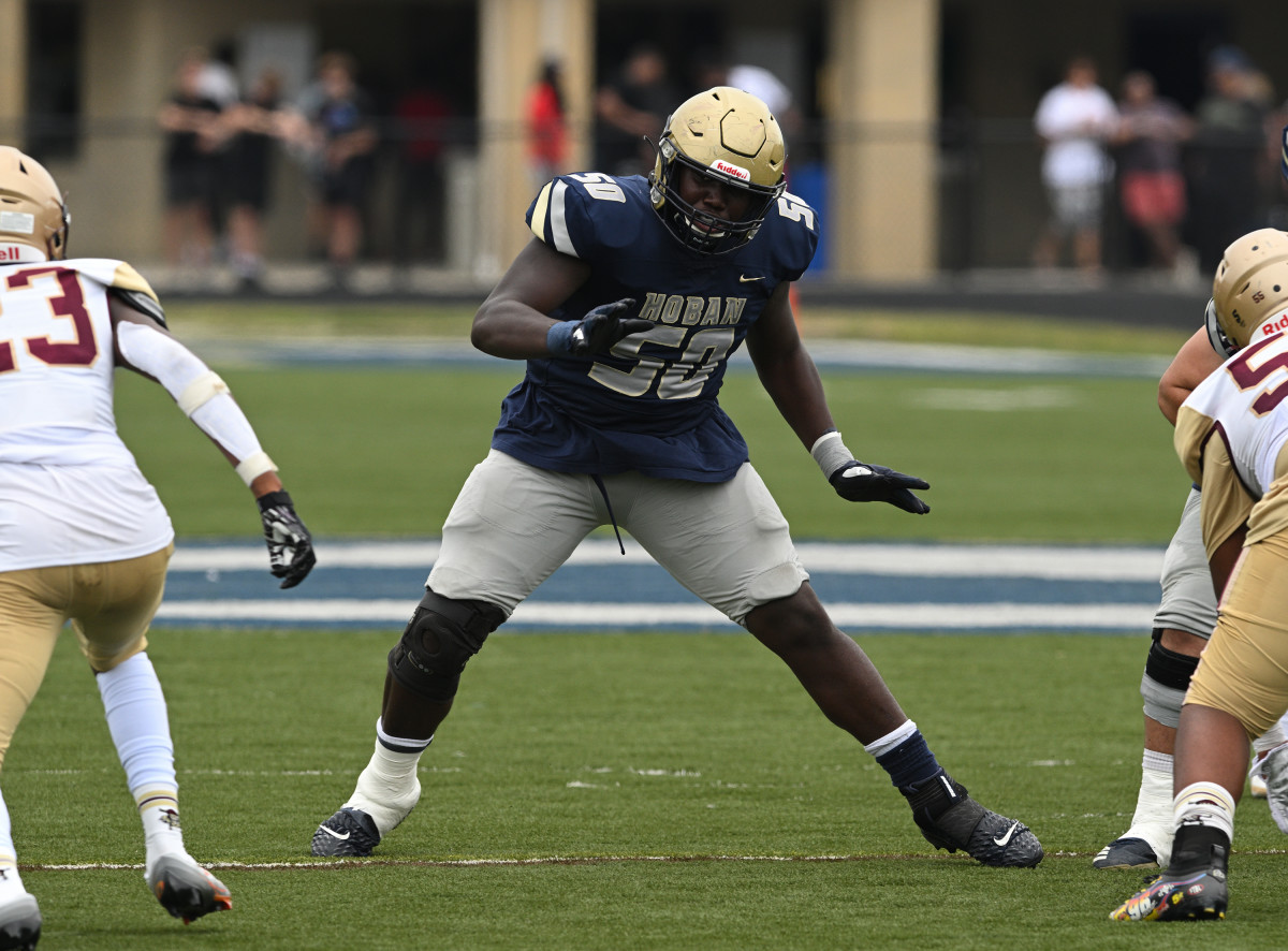 Archbishop Hoban offensive lineman Will Satterwhite sets up to block in a game against Iona Prep in 2022. Satterwhite has committed to play at the University of Tennessee. (Photo: Jeff Harwell)